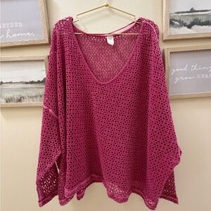 Free People Open Weave V‑Neck Sweater in Berry